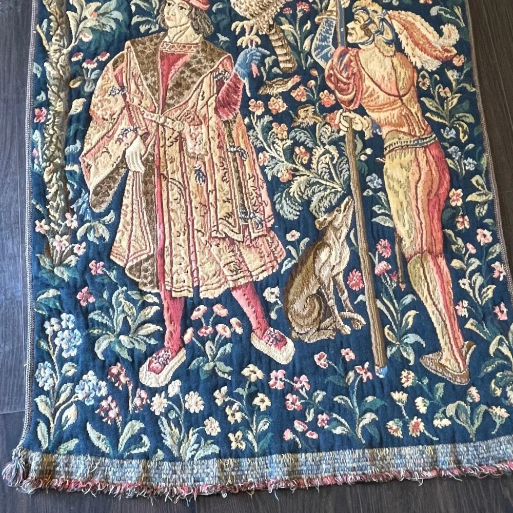 Vintage French Aubusson‎ Medieval Hunting  Millefleurs Woven Hanging Tapestry